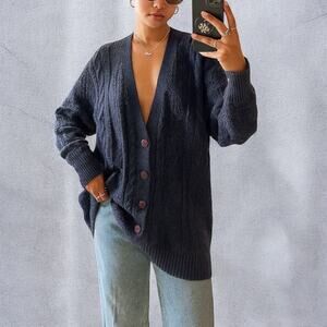 Vintage 90s Kenneth Roberts Ramie Cotton Blue Cable Knit Oversized Cardigan L